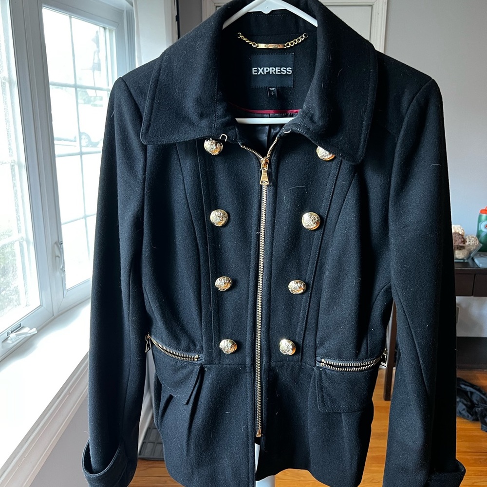 Black pea coat from Express. Gold accents.